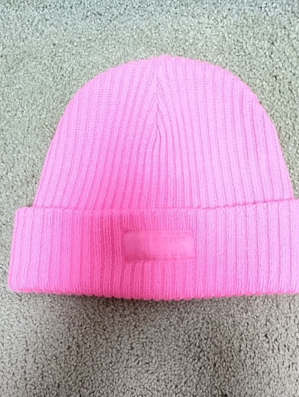 PINK Victoria's Secret Bright Pink Ribbed Cuffed Beanie EUC!